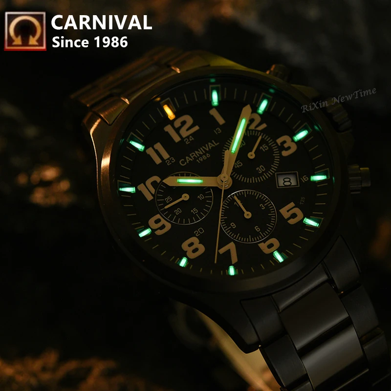 Часы наручные Carnival brand Мужские кварцевые роскошные светящиеся с хронографом и