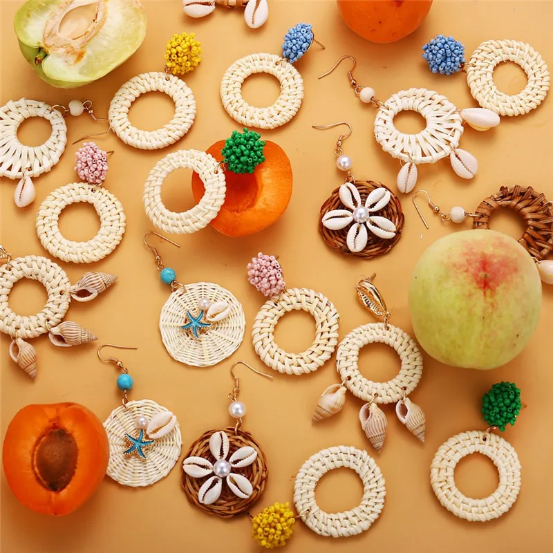 Boho Ocean Beach Starfish Cowrie Shell Rattan Earrings Vintage Handmade Braided Geometric Bamboo Wicker Straw Wooden | Украшения и