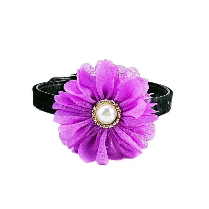 purple flower Ошейник для собак, ошейник для питомцев, бант для кошек, жемчуг, нейлон, кожа, персонализированный ремешок для шеи для маленьких, средних, Перро, Шпиц, чихуахуа, Тедди - Цвет: purple flower