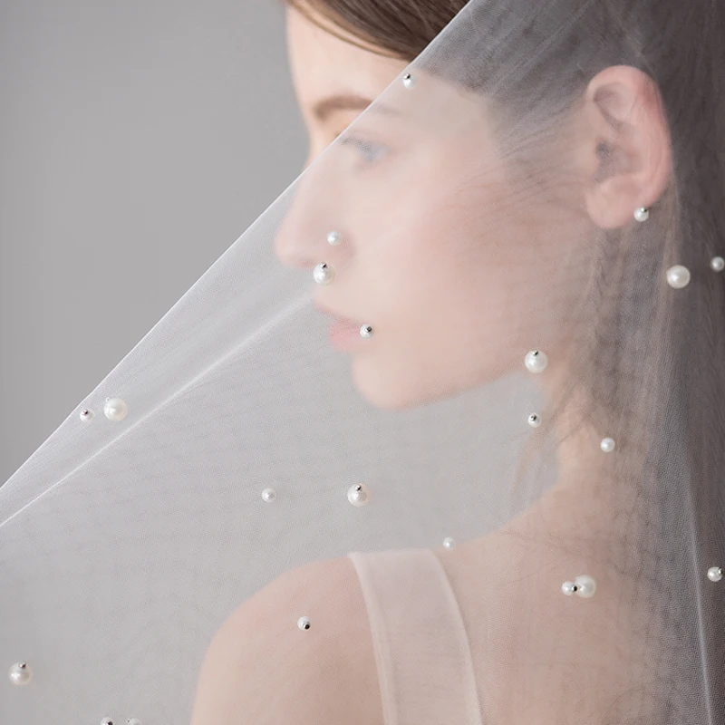 Свадебная фата SLBRIDAL двухслойная с гребнем и жемчугом цвета слоновой кости |