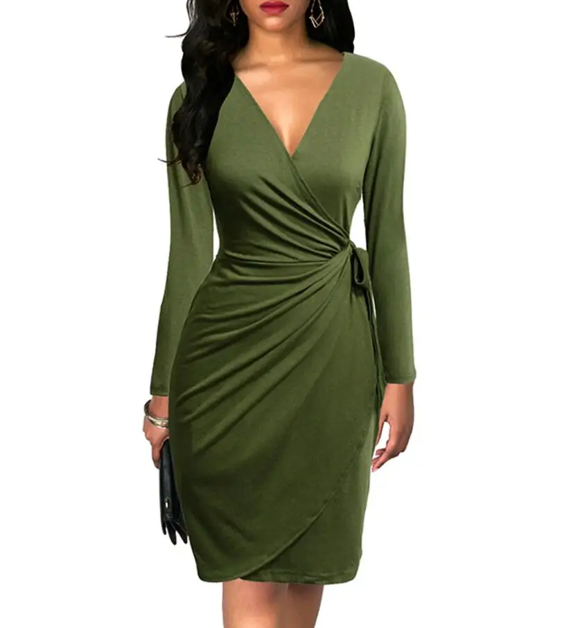 6090 Army Green Berydress, винтажное женское платье с рюшами, с длинным рукавом, сексуальное, черное, Vestidos, элегантное, облегающее, Осеннее, миди, бордовое, с запахом, платья - Цвет: 6090 Army Green