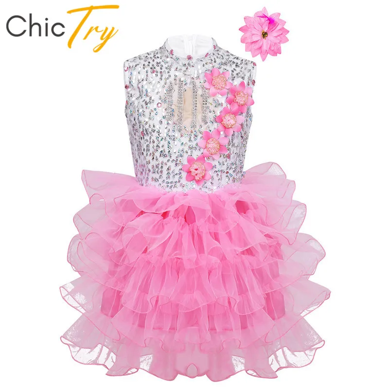 

ChicTry Kids Teens Rhinestone Flower Sequins Ballet Tutu Dress Child Girls Modern Ballroom Stage Performance Jazz Dance Costumes