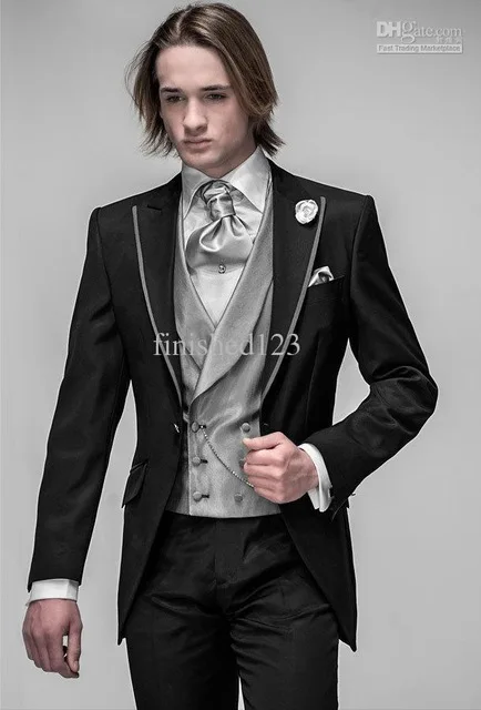 

New 2016 Most Popular Black One button Peak Lapel Groom Tuxedos Groomsmen Men Wedding Suits Bridegroom (Jacket+Pants+Vest+Tie)