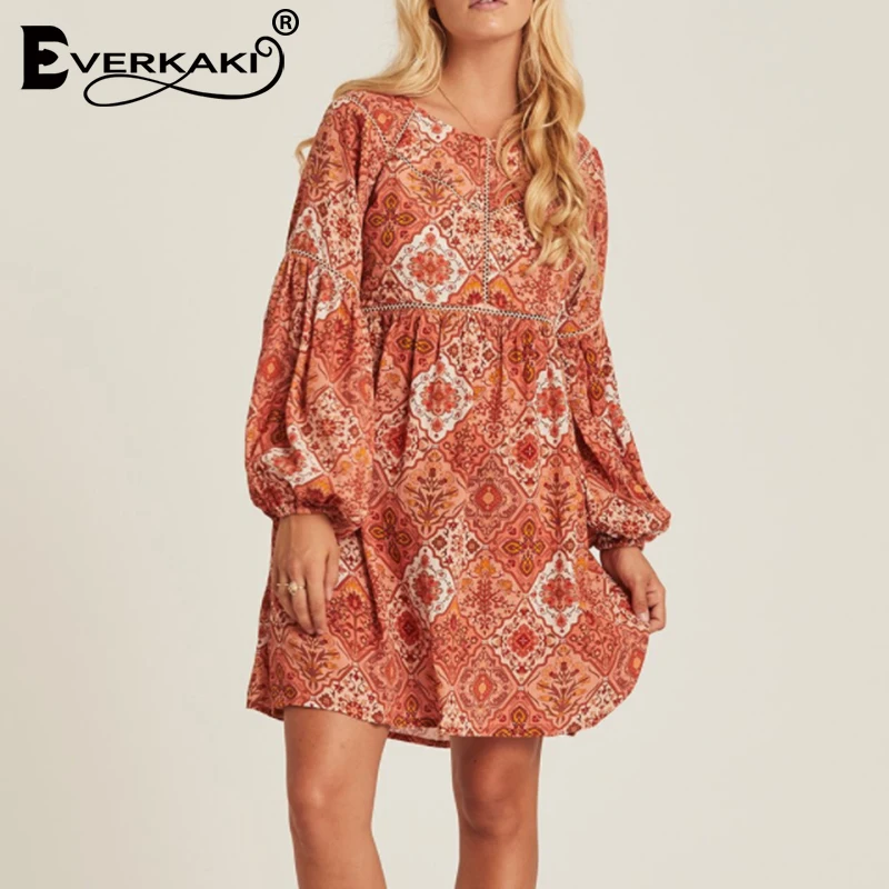 Everkaki Gypsy/мини платье с принтом для женщин длинным рукавом в стиле пэчворк круглым