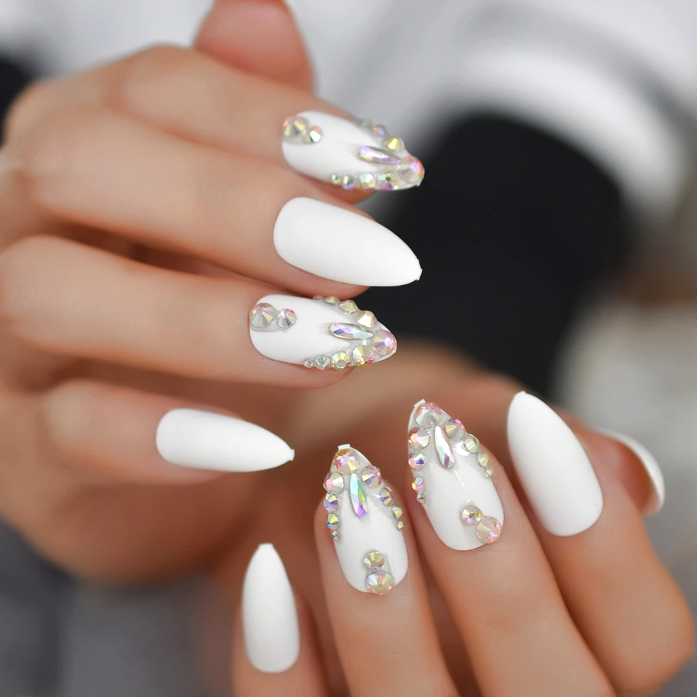Алмазные миндальные ногти чистый белый средний ноготь красочные блестящие