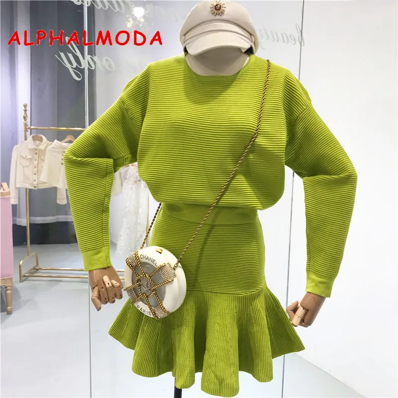 Женский вязаный костюм ALPHALMODA Однотонный свитер с длинными рукавами и юбка
