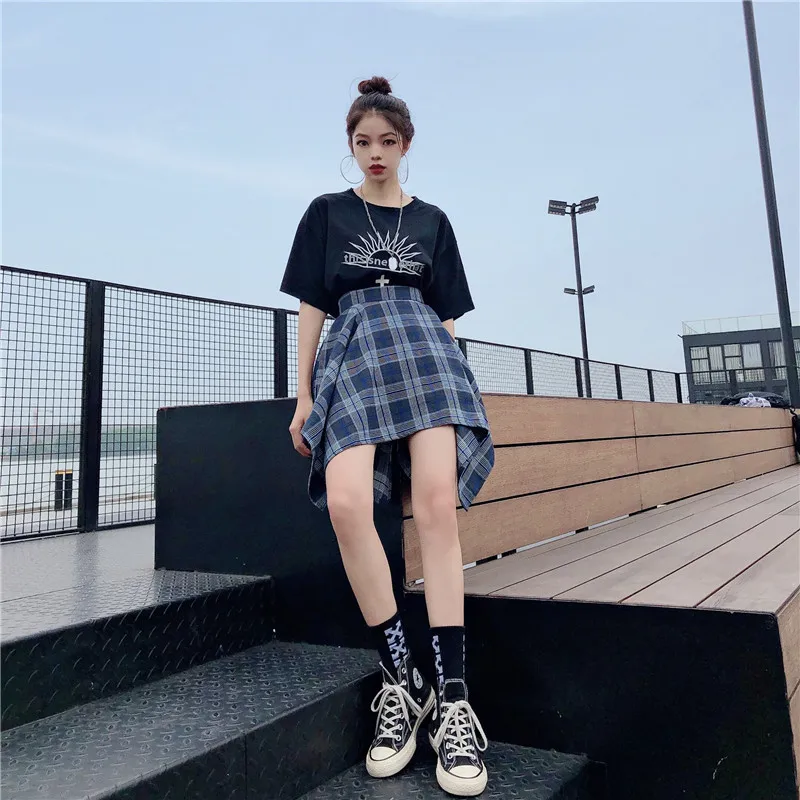 Летние Асимметричные клетчатые юбки для женщин Harajuku с высокой талией, плиссированные уличные юбки Новая мода гранж стиль юбки для женщин