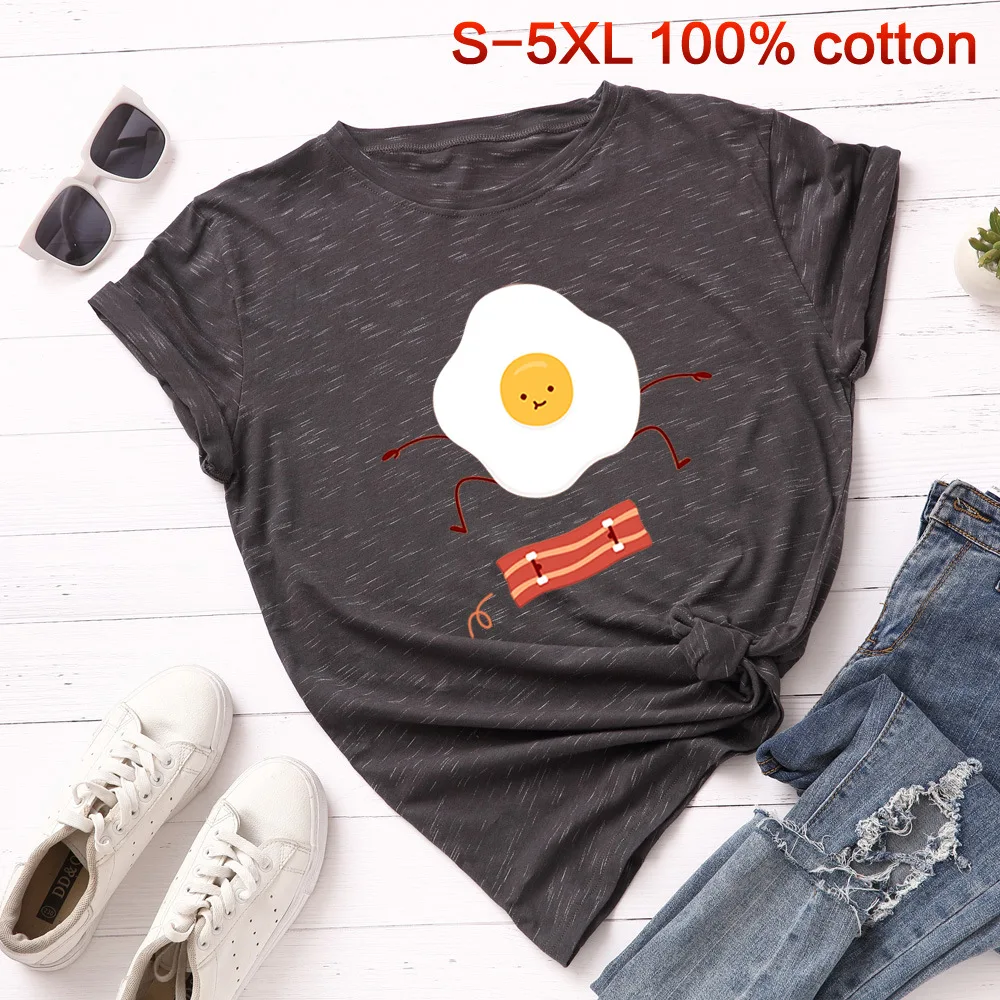 SINGRAIN Women Summer Cute T shirt Omelette Pattern Cartoon female t-shirt plus size fashion loose casual women tops tee | Женская