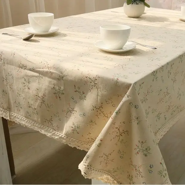 Скатерть льняная в Корейском стиле с кружевными краями и цветочным принтом