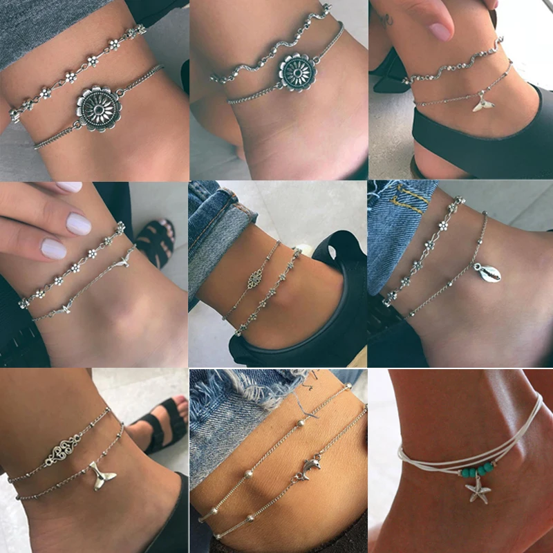 2 шт. женские Этнические сандалии на щиколотку с цепочкой|Анклеты| |