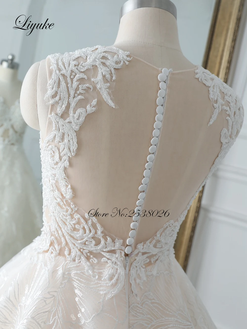 

Liyuke Sleeveless A Line Wedding Dress Of Skin Color Mesh With Scoop Beaded Neckline Of Wedding Gown Floor Length