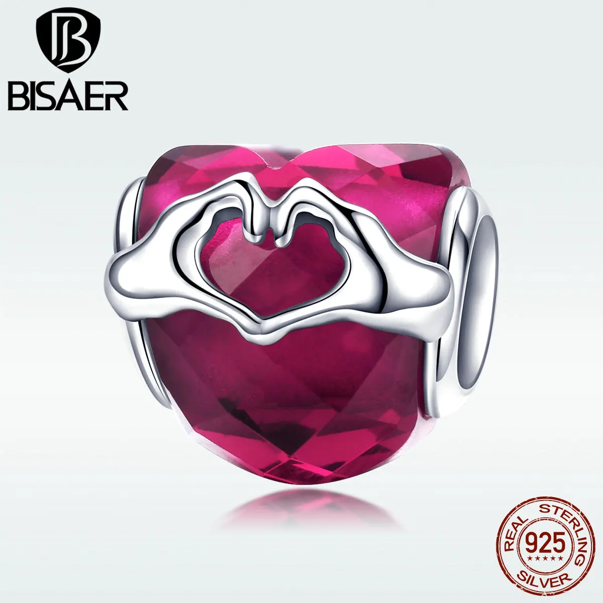 BISAER, 925 пробы, серебро, любовь, рука, Красный Кристалл с фианитами, бусины в форме сердца, подходят для бусин, талисманы, браслеты, оригинальные ювелирные изделия ECC1024
