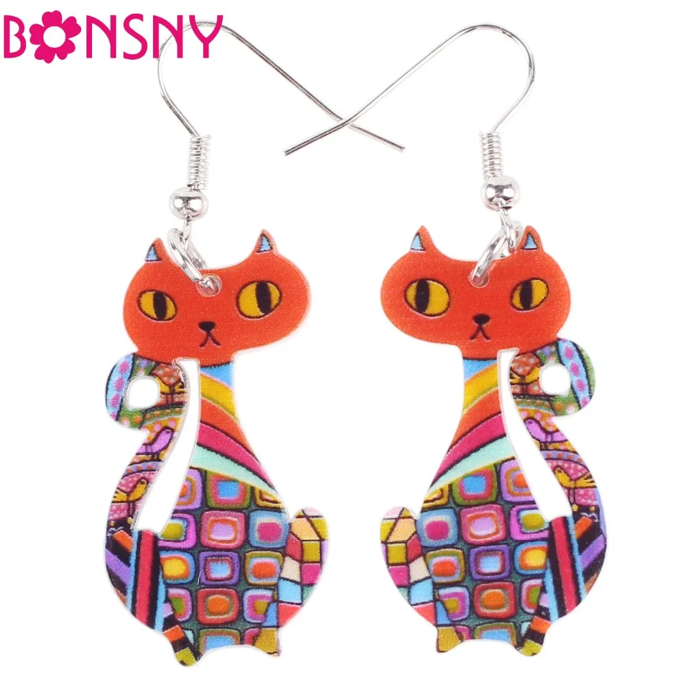 Bonsny акриловые висячие серьги с котом Большой Длинный крючок модные подвесками