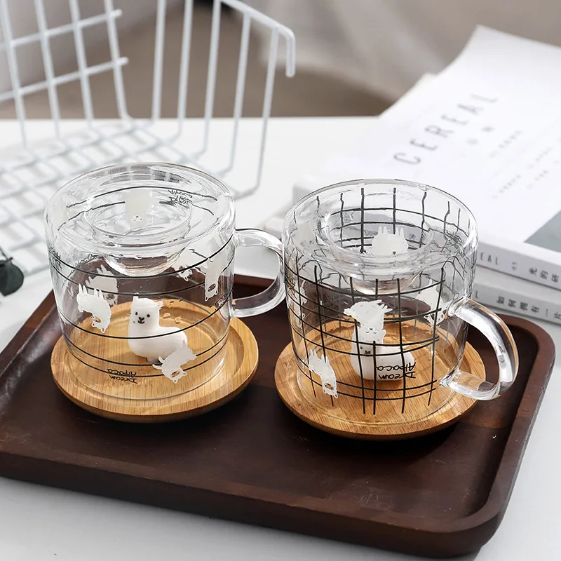 Стеклянная кофейная кружка из альпаки с милым 3D покрытием и бамбука