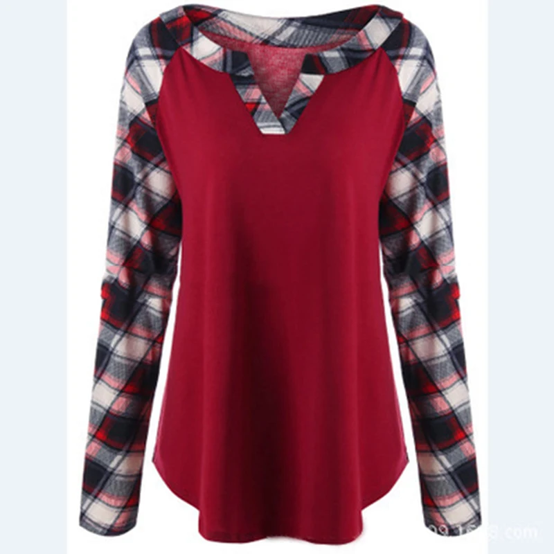 Модная клетчатая Лоскутная футболка весна осень длинный рукав для женщин