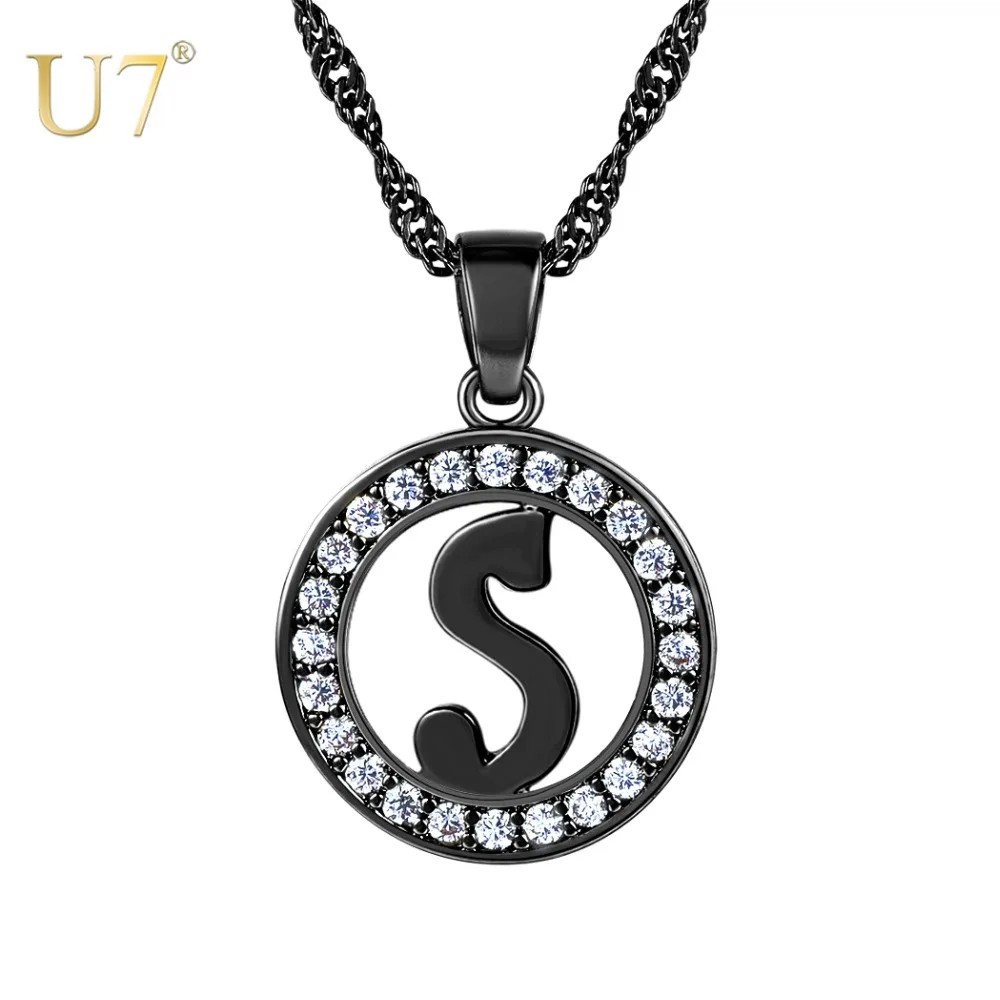 

U7 Capital Letter Black Color Alphabet Pendant Initial Necklace With Cubic Zirconia Name Chain Choker for Women Jewelry P1228