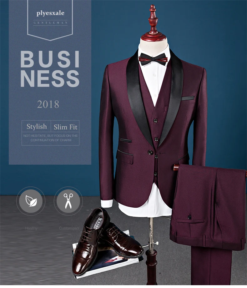 Plyesxale мужской костюм свадебные костюмы для мужчин шаль воротник 3 штуки приталенный бордовый костюм мужской Королевский синий смокинг куртка Q83
