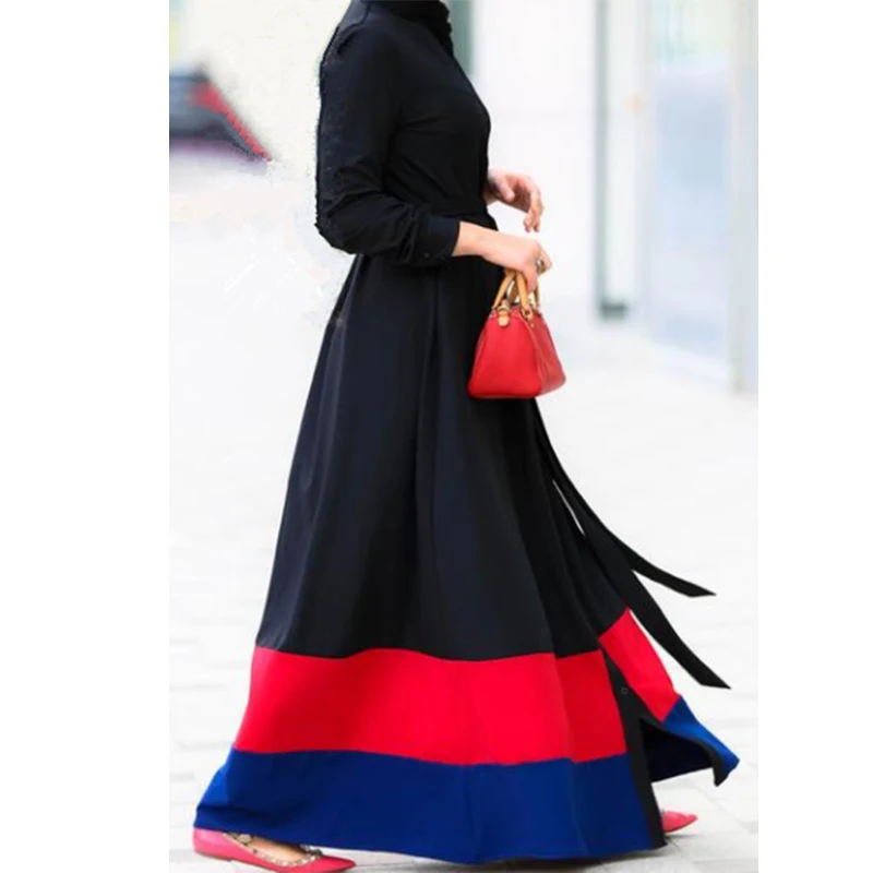 Женское платье с длинным рукавом Abaya черное в стиле пэчворк мусульманский кафтан