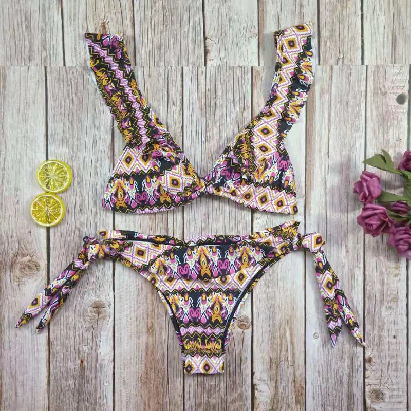 

Z-LAI Sexy Solid Bikini Ruffle Shoulders Swimwear Low Waist Thong Two Pieces Swimsuit Bandage Bra Brazilian Suit For Women