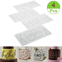4pcs wedding cake stencil template mold spray floral cookie fondant side baking mesh stencil cake decorating embossing mould