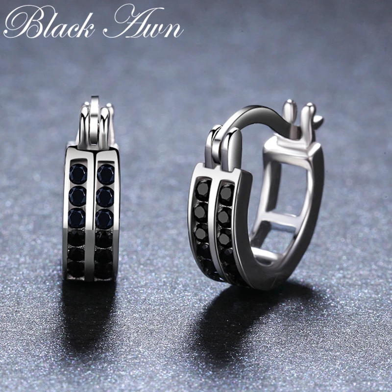 

[BLACK AWN] 925 Sterling Silver Jewelry Cute Hoop Earrings for Women Black Spinel Boucles D'oreilles I019