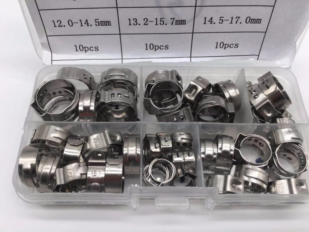 

Free shipping Pipe Clamp High Quality 60 PCS Stainless Steel 304 Single Ear Hose Clamps Assortment Kit Single with box
