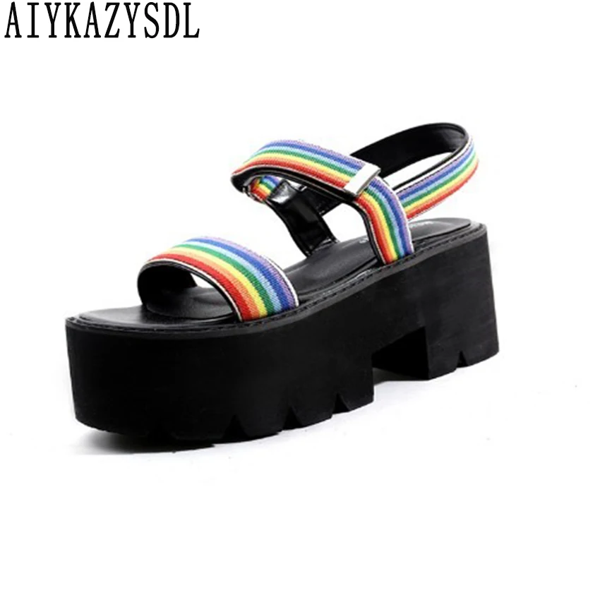 

AIYKAZYSDL Women Bohemia Punk Gladiator Sandals Multicolor Shoes Thick Platform Wedge High Heels Creeper Chunky Heel Sandals