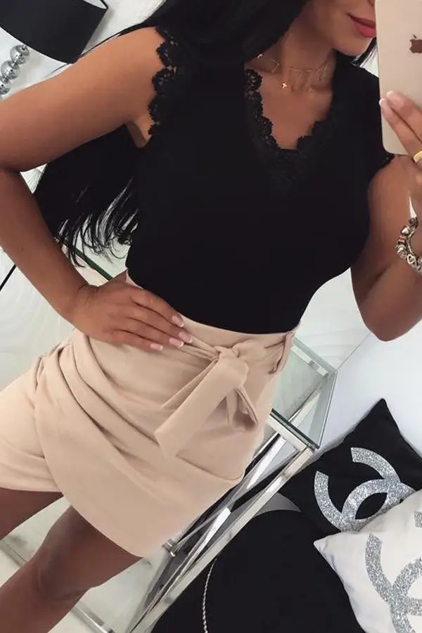 Women Ladies Tank Top Fashion Lace V-Neck Tees Tops Fitness Casual Sleeveless Slim Vest Shirt Black White | Женская одежда