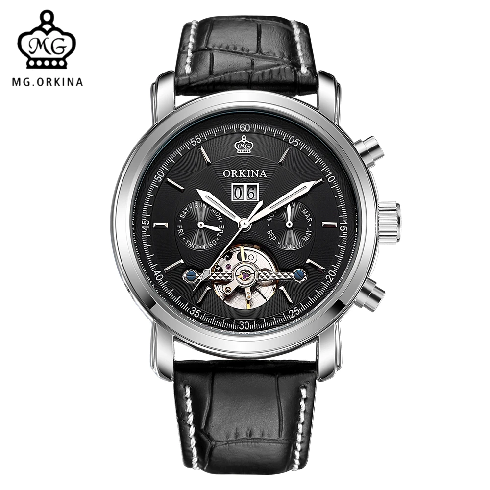 Часы мужские механические с кожаным ремешком и отображением даты|clock fashion|clock