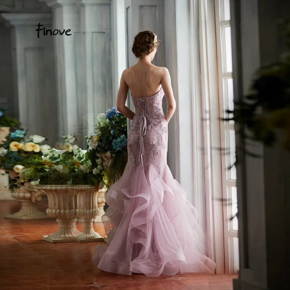 Finove Mermaid Evening Dress 2020 Sexy Strapless Lace-Up Gorgeous Beading Ruffles Train Floor Length Long Party Gown For Woman | Свадьбы и