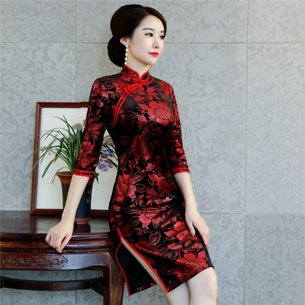 Китайское традиционное красное бархатное платье Ципао до колена с рукавом 3/4 в