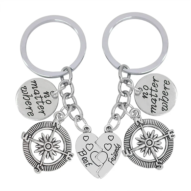 

2 Piece Set Best Friend Peach Heart Stitching Key Chain Retro Compass Compass Pendant Keychain BFF Friendship Key Ring Jewelry