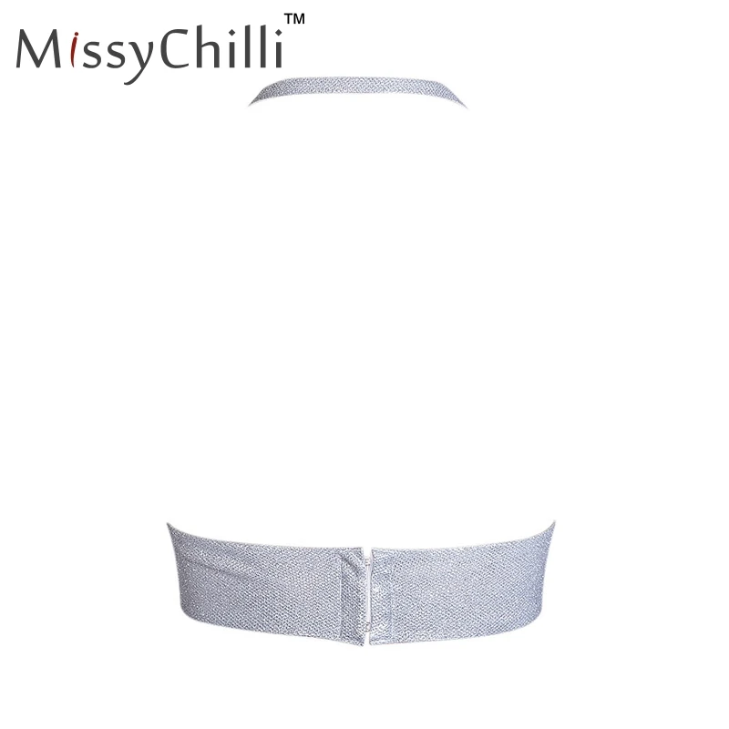MissyChilli сексуальный трикотажный топ с люрексом и лямкой на шее, женские летние топы с v-образным вырезом и пуговицами, женские серебряные вечерние майки с открытой спиной и майки