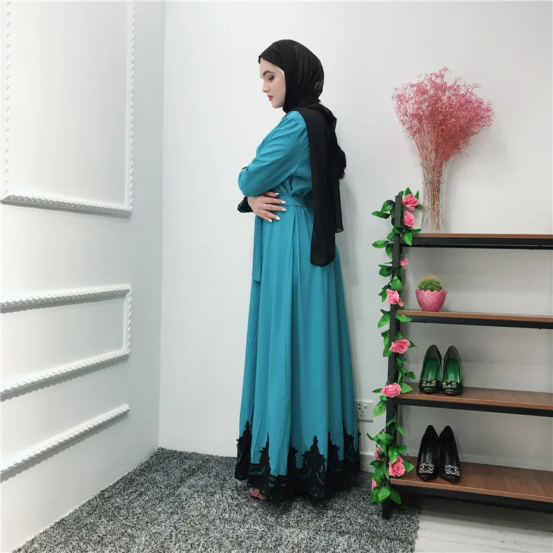 Мусульманское кружевное Макси платье abaya длинные халаты с поясом Туника jilбаб