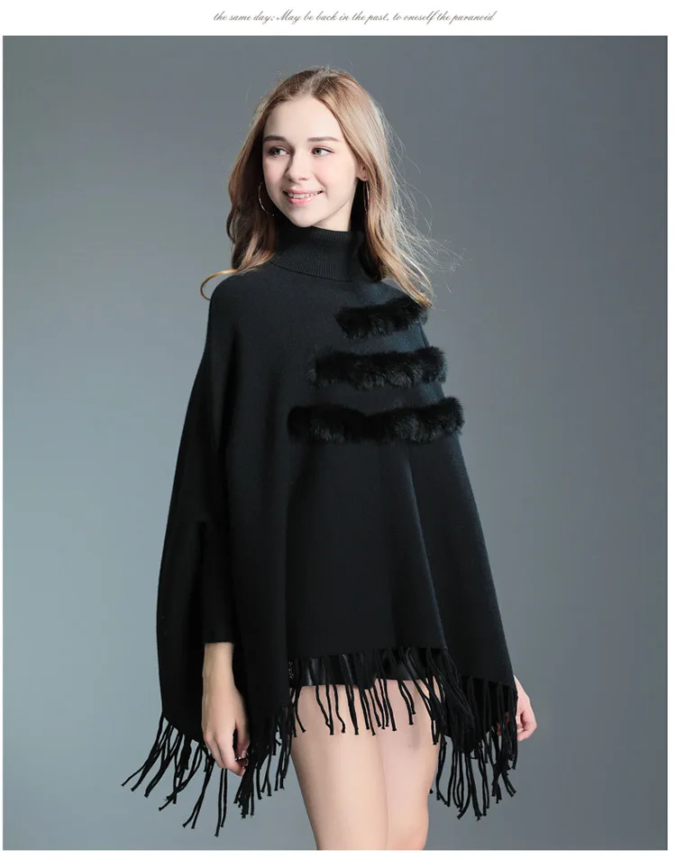 Новинка, пончо, feminino inverno femme, пончо и накидки, пальто с натуральным кроличьим мехом и кисточками, высокий воротник, capa mujer invierno