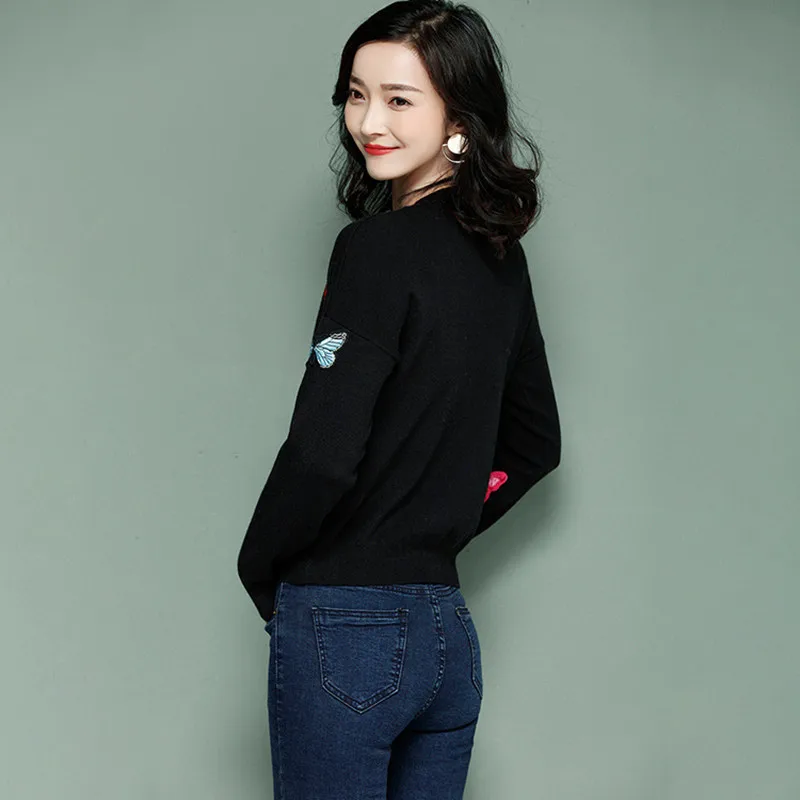 Korean Women Knitted Embroidered Pullover Sweater Women's Butterfly Flower Femme Tricot Pull Autumn sweater fem | Женская одежда