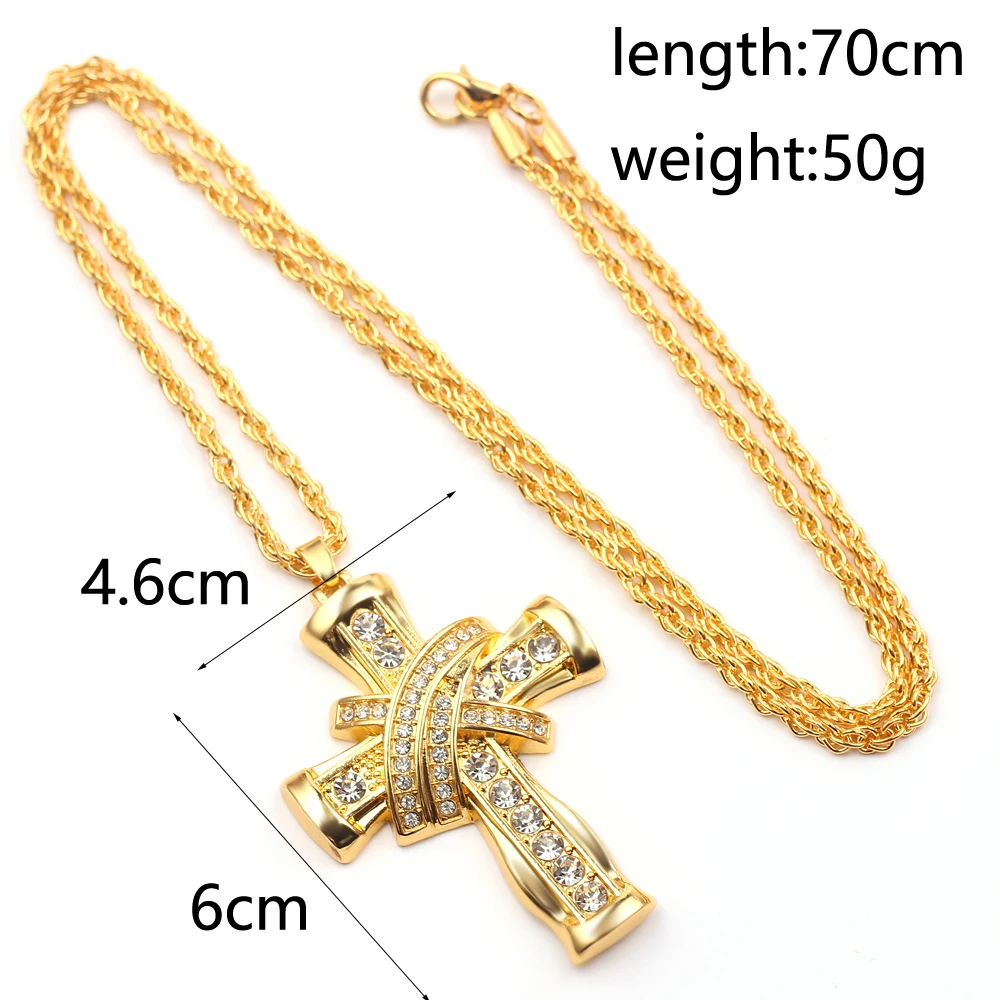 Hip Hop Stainless Steel Cross Pendant Necklace Shellhard Gold Color Crystal Long Chain Men Women Charm Jewelry | Украшения и