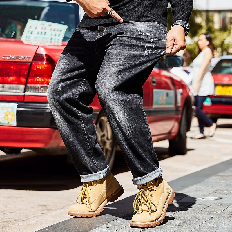 В стиле панк черные на шнурке джинсы для Для мужчин стрейч прямые джинсовые штаны