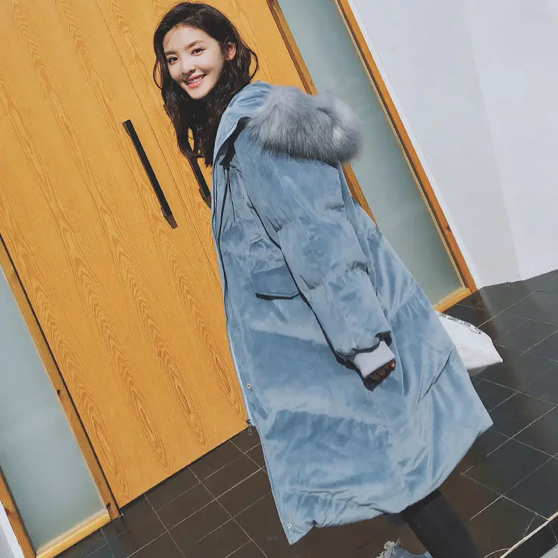 Золотая Бархатная хлопковая зимняя куртка для женщин BF стиль свободные длинные