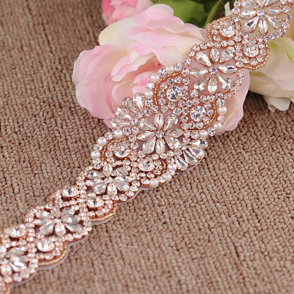 TOPQUEEN S161B-RG, розовое золото, свадебный пояс, стразы, стразы, пояс для свадебного платья