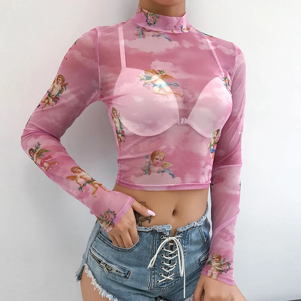 Сексуальные сетчатые прозрачные укороченные топы с прозрачным верхом женская