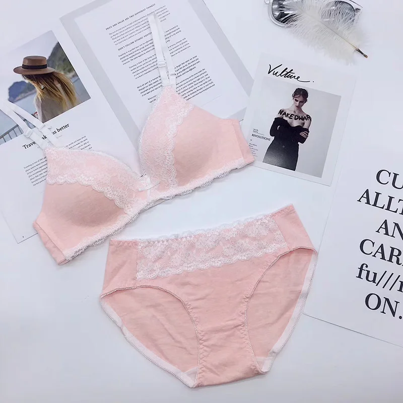 Pink Японский стиль, кружевной комплект с бюстгальтером, женское нижнее белье без косточек, комплект нижнего белья, сексуальный бюстгальтер пуш-ап и трусики, нижнее белье для девочек - Цвет: Pink