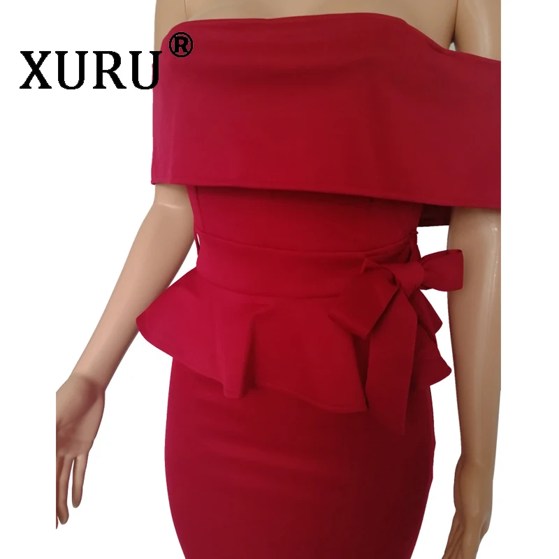 

XURU autumn and winter new ruffled dress wrapped chest irregular word collar lotus leaf split dress