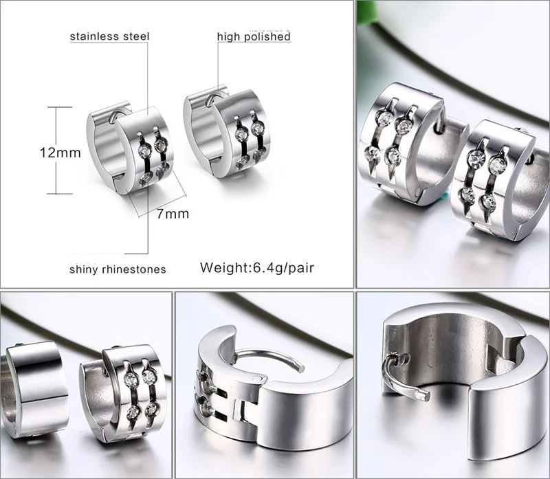 Punk Rhinestone Hoop Earrings For Women Silver Color Stainless Steel Earings Fashioni Ear Jewelry Best Friend Gift | Украшения и