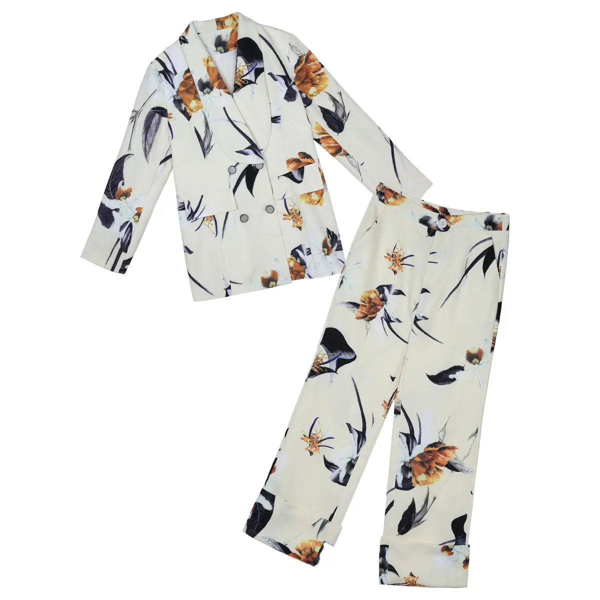 Set female new 2018 autumn woman two-piece fashion temperament printing lapel small suit + slim irregular flared pants |