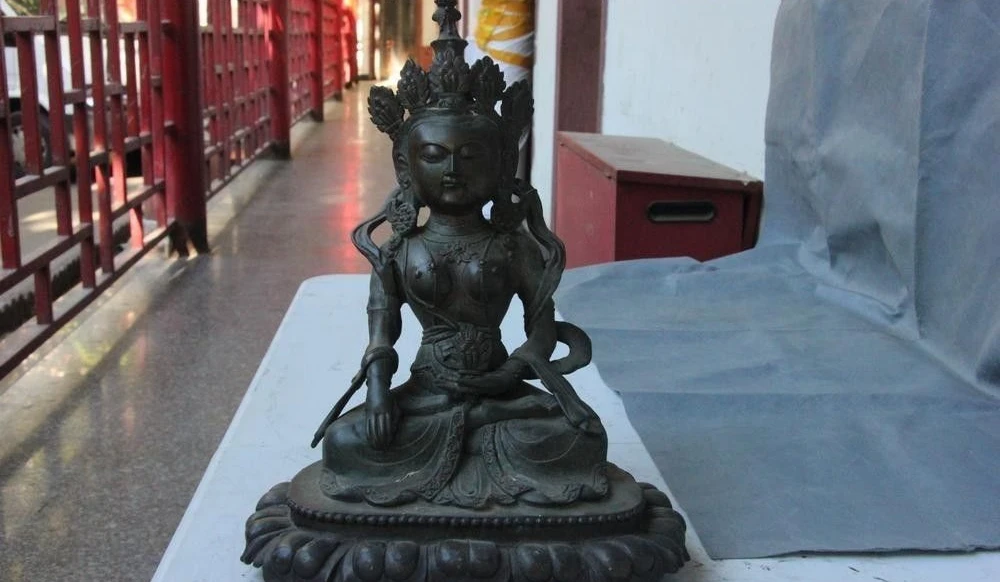 13 &quotТибетский Храмовая бронзовая фигурка сиденье Lotus Goddess Kwan Yin статуя