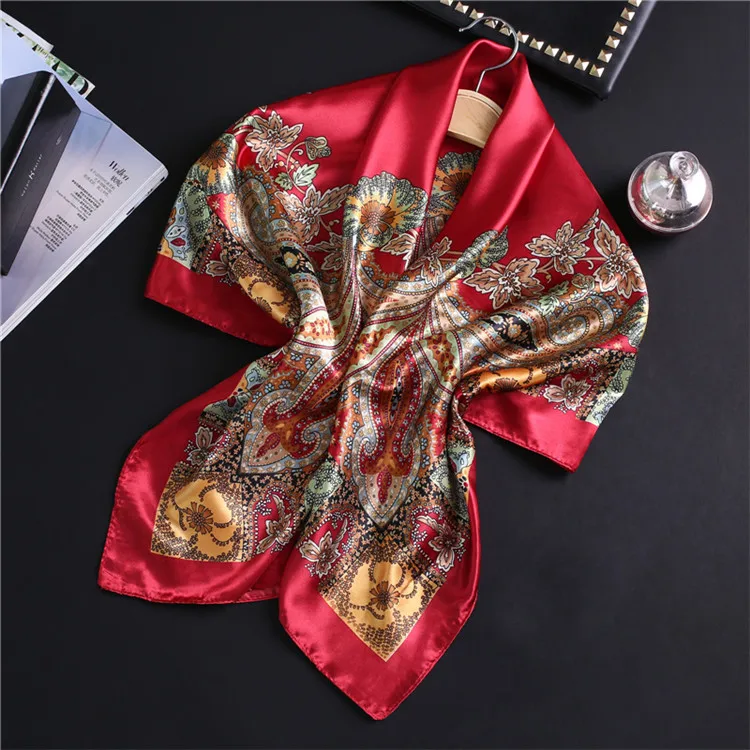 Роскошный брендовый Шелковый квадратный шарф для женщин, повязка для волос, бандана, Пашмина, сплошной цвет, женский платок, мусульманский хиджаб, магазины 90x90 см