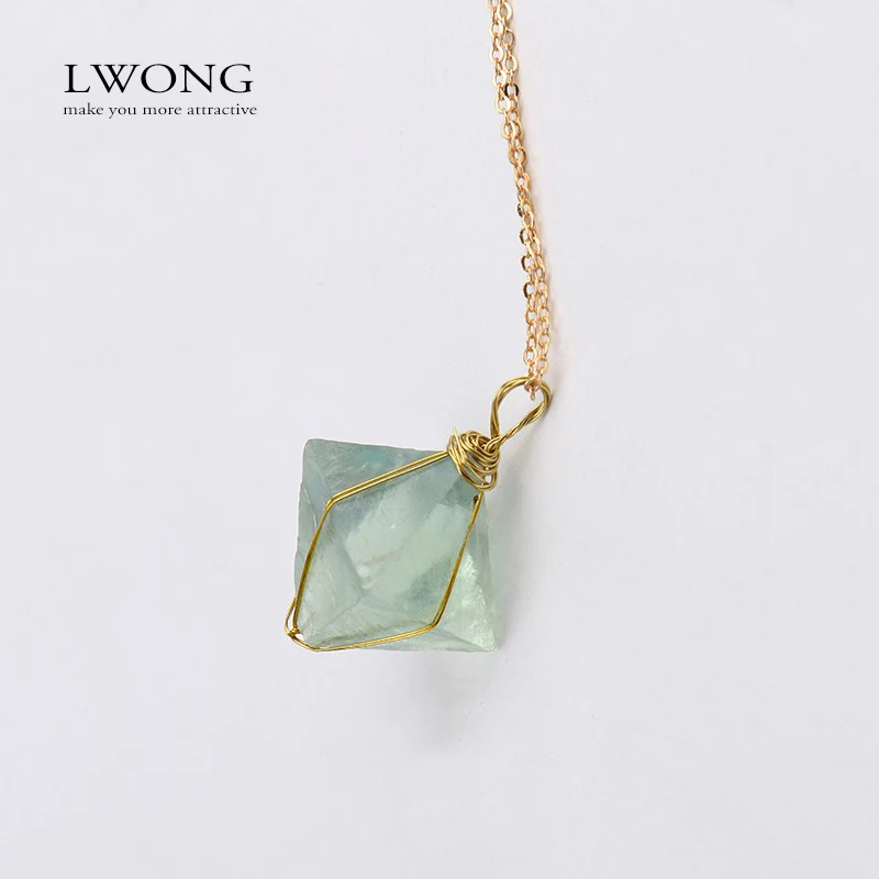 Золотая проволока обернутая октаэдроном зеленая флюоритовая Подвеска Ожерелье