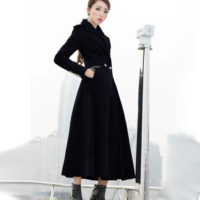 Новый стиль модное длинное зимнее пальто женское приталенное двубортное черное