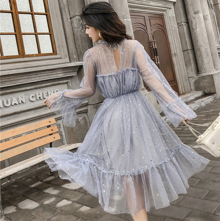 Young Gee Модные женские прозрачные платья с блестками vestidos verano романтическое сексуальное Сетчатое милое свободное платье с оборками